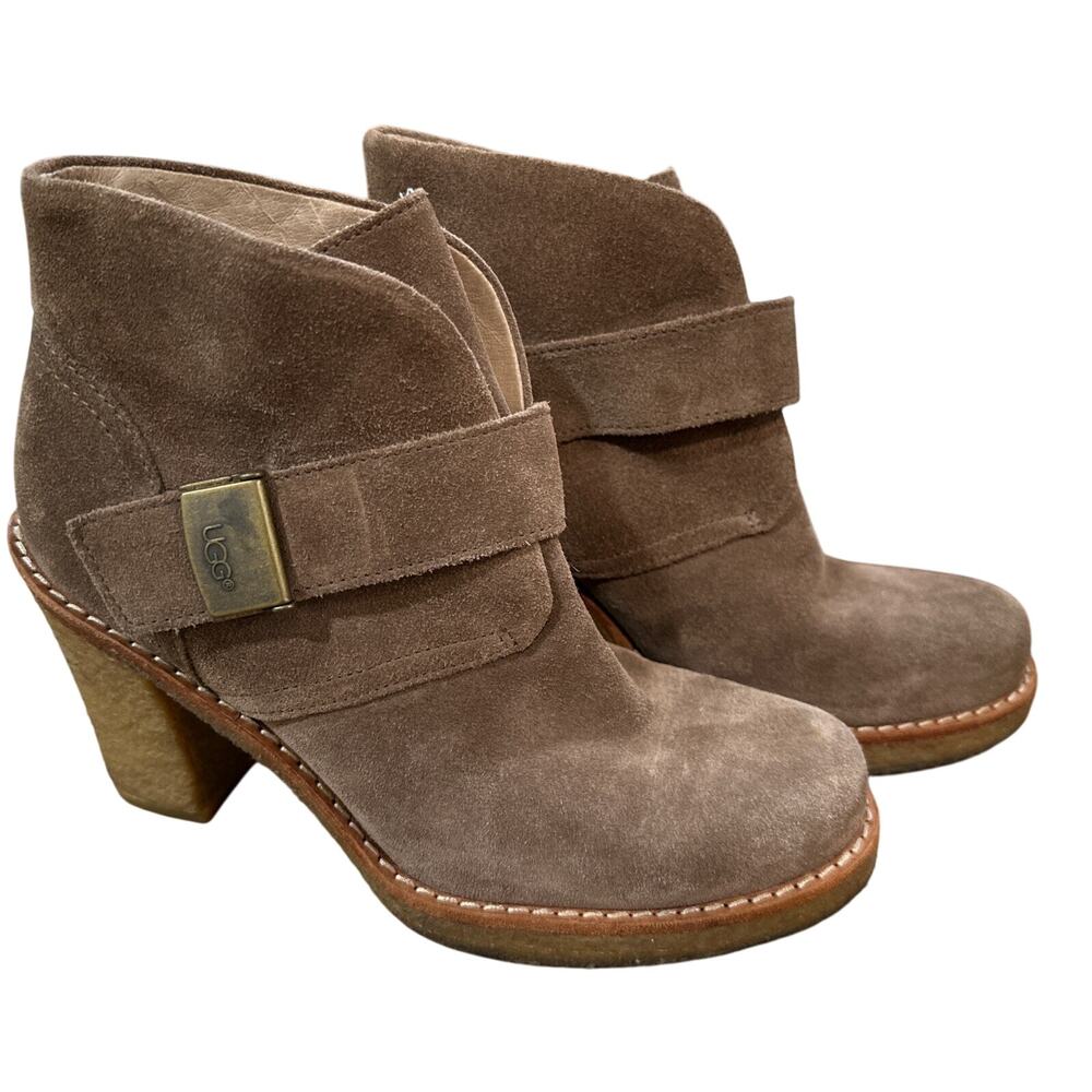 Ugg Boots Womens 6 Taupe Suede Brienne Crepe Sole Strap Ankle High Heel Bootie